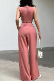 Casual Solid Color Pocket Buttons Asymmetrical Collar Sleeveless Two Pieces