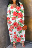 Casual Floral Print Pocket Contrast V Neck Printed Plus Size Dresses