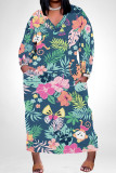 Casual Floral Print Pocket Contrast V Neck Printed Plus Size Dresses