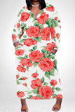 Casual Floral Print Pocket Contrast V Neck Printed Plus Size Dresses