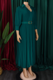 Elegant Solid Color Patchwork With Belt Pleated V Neck Long Dresses