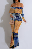 Sexy Faux Denim Print Flounce Contrast Off Shoulder Long Dresses