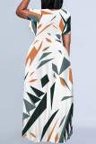 Casual Geometric Print Pocket Contrast O Neck Printed Plus Size Dresses