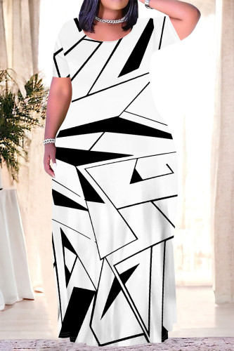 Casual Geometric Print Pocket Contrast O Neck Printed Plus Size Dresses