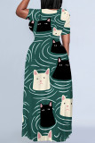 Casual Graffiti Print Pocket Contrast O Neck Printed Plus Size Dresses