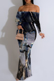 Sexy Faux Denim Print Flounce Contrast Off Shoulder Long Dresses