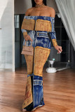 Sexy Faux Denim Print Flounce Contrast Off Shoulder Long Dresses
