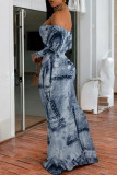 Sexy Faux Denim Print Flounce Contrast Off Shoulder Long Dresses