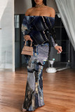 Sexy Faux Denim Print Flounce Contrast Off Shoulder Long Dresses