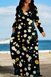 Casual Colorblock Flowers Print Pocket Contrast O Neck Printed Dresses