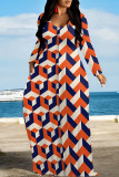 Casual Geometric Print Pocket Contrast O Neck Printed Dresses