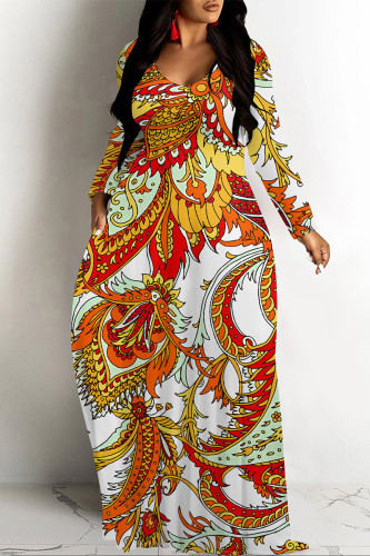 Casual National Totem Print Pocket Contrast O Neck Printed Dresses