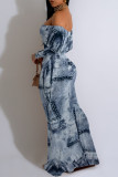 Sexy Faux Denim Print Flounce Contrast Off Shoulder Long Dresses