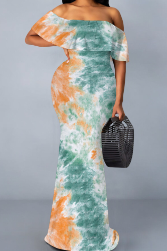 Elegant Print Patchwork Ruffled Trim Off Shoulder Long Dresses