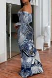 Sexy Faux Denim Print Flounce Contrast Off Shoulder Long Dresses