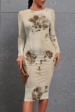 Casual Floral Print Gradient Contrast O Neck Printed Dresses