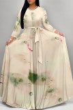 Elegant Floral Print Gradient Lace Up O Neck Printed Dresses