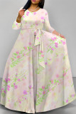 Elegant Floral Print Gradient Lace Up O Neck Printed Dresses