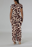 Casual Leopard Print Tiger Stripes Contrast O Neck Printed Short Sleeve Dress