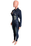 Casual Daily Solid Color Buttons Turndown Collar Long Sleeve High Waist Bodycon Denim Jumpsuits