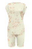 Casual Gradient Print Flowers Contrast O Neck Short Sleeve Two Pieces