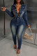 Casual Daily Solid Color Buttons Turndown Collar Long Sleeve High Waist Bodycon Denim Jumpsuits