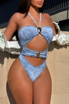 Sexy Faux Denim Print Hollow Out Metal Accessories Trim Backless Belted Swimwears (With Paddings)