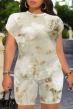 Casual Gradient Print Flowers Contrast O Neck Short Sleeve Two Pieces