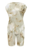 Casual Gradient Print Flowers Contrast O Neck Short Sleeve Two Pieces