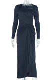 Elegant Solid Color Patchwork Ruched Asymmetrical Collar Irregular Dresses