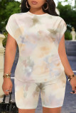 Casual Gradient Print Flowers Contrast O Neck Short Sleeve Two Pieces