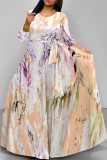 Elegant Floral Print Gradient Lace Up O Neck Printed Dresses