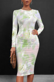 Casual Floral Print Gradient Contrast O Neck Printed Dresses