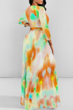 Elegant Floral Print Gradient Lace Up O Neck Printed Dresses