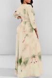 Elegant Floral Print Gradient Lace Up O Neck Printed Dresses