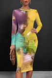 Casual Floral Print Gradient Contrast O Neck Printed Dresses