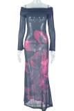 Sexy Print Patchwork Off Shoulder Long Dresses