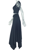 Sexy Solid Color Patchwork Irregular Hem Asymmetrical Collar Sleeveless Two Pieces