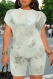 Casual Gradient Print Flowers Contrast O Neck Short Sleeve Two Pieces