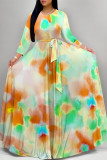 Elegant Floral Print Gradient Lace Up O Neck Printed Dresses