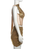 Sexy Hot Solid Color Patchwork See-Through Backless Irregular Oblique Collar Sleeveless Two Pieces
