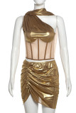 Sexy Hot Solid Color Patchwork See-Through Backless Irregular Oblique Collar Sleeveless Two Pieces