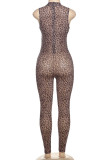Sexy Hot Leopard Print Hollow Out Half A Turtleneck Skinny Jumpsuits