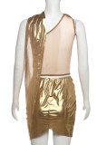 Sexy Hot Solid Color Patchwork See-Through Backless Irregular Oblique Collar Sleeveless Two Pieces