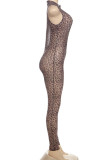 Sexy Hot Leopard Print Hollow Out Half A Turtleneck Skinny Jumpsuits
