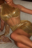 Sexy Hot Solid Color Patchwork See-Through Backless Irregular Oblique Collar Sleeveless Two Pieces