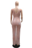 Sexy Party Formal Patchwork See-Through Backless Hot Drill Flowers O Neck Long Dresses
