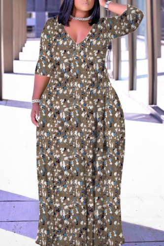 Casual Geometric Print Lace Up Contrast V Neck Printed Plus Size Dresses