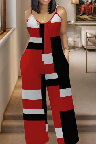 Casual Print Pocket Patchwork Spaghetti Strap Plus Size Jumpsuits