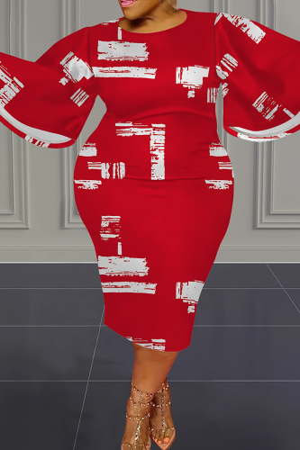 Casual Print Patchwork O Neck Wrapped Skirt Plus Size Dresses